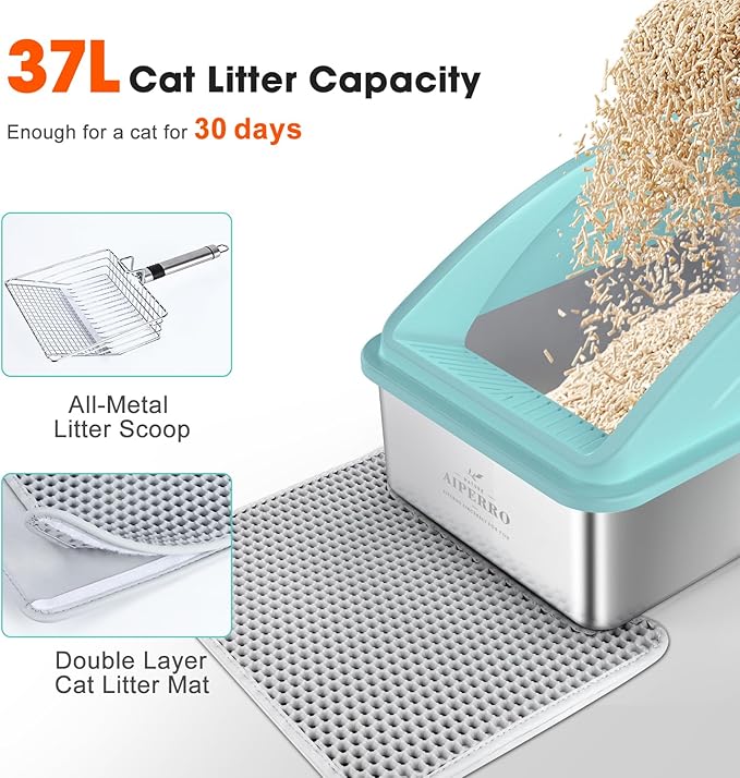 Stainless Steel Litter Box | XL Enclosed Cat Litter Boxs with Lid for Big Cats | High Sided, Anti-Urine Leakage | Non-Stick Bottom & Includes Litter Mat & Metal Scoop (Turquoise, X-Large)