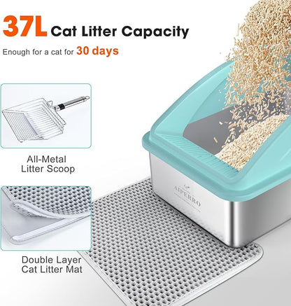 Stainless Steel Litter Box | XL Enclosed Cat Litter Boxs with Lid for Big Cats | High Sided, Anti-Urine Leakage | Non-Stick Bottom & Includes Litter Mat & Metal Scoop (Turquoise, X-Large)