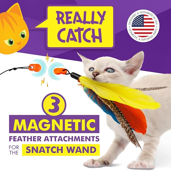 Cat Amazing Snatch Feathers Replacement Pack - 3 Magnetic Feather Attachments for The Snatch Magnetic Wand - Cat Toy Feathers – Cats Can Really Catch!