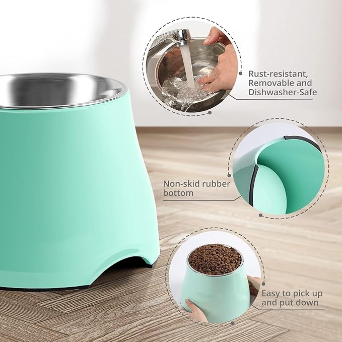 Fluffydream Elevated Dog Bowls, Prevention of Vertebrae Disease, Non-Slip With Stainless Steel Bowl, High Capacity Food Bowls (MintGreen 2 Packs, L 860ML / 3 Cups)