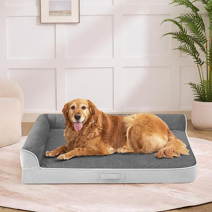 Dog Bed Large Sized Dogs, Orthopedic Dog Bed for Large Dogs, Waterproof Pet Bed with Washable Removable Cover, L-Shaped Pet Couch with Portable Handle 36"x27"x6.5", Grey Flannel