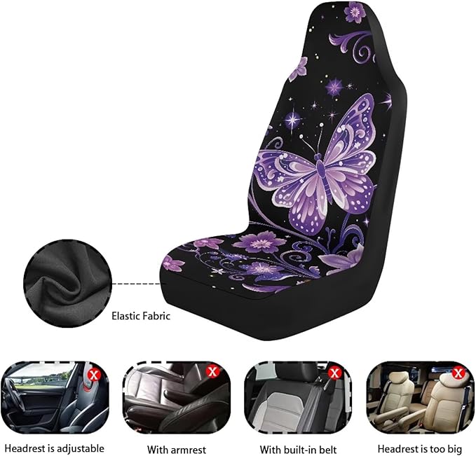 Dreaweet Car Seat Covers Front Seats Purple Butterfly Car Accessories for Women Interior 2 Piece Washable Universal High Back Bucket Seat Covers for Cars SUV Sedan