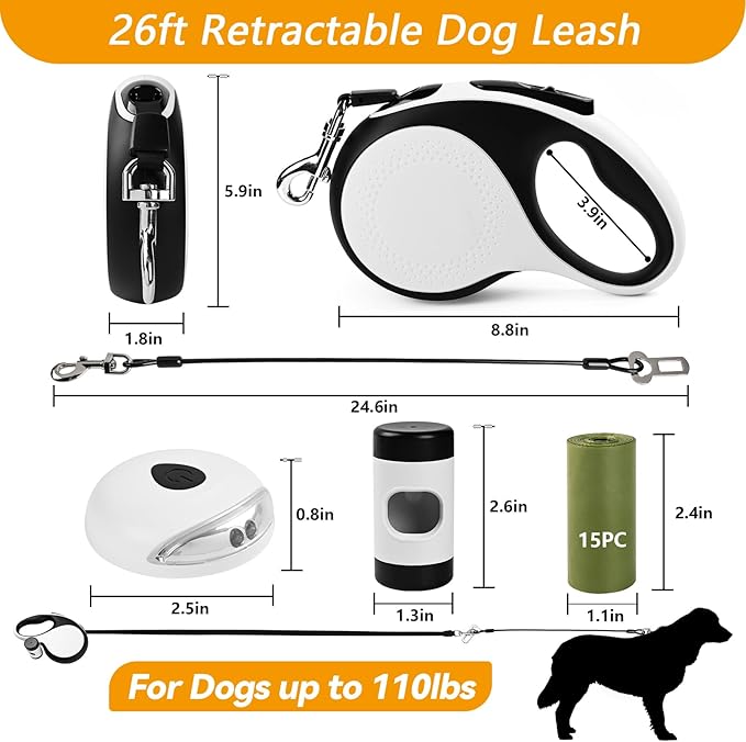Heavy Duty Retractable Dog Leash for Large Dogs, 26ft Dog Leash with Poop Bag Holder, Up to 110lbs, chew Proof Cable, LED Light, 360° No-Tangle, One-Handed Pause & Locked. (White, L 26ft)