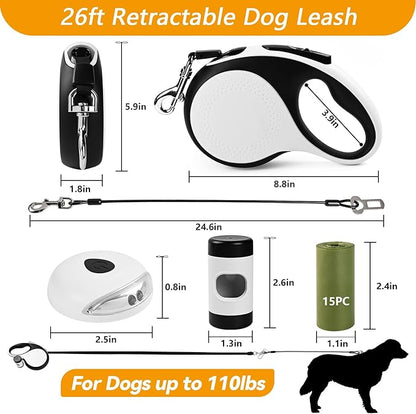 Heavy Duty Retractable Dog Leash for Large Dogs, 26ft Dog Leash with Poop Bag Holder, Up to 110lbs, chew Proof Cable, LED Light, 360° No-Tangle, One-Handed Pause & Locked. (White, L 26ft)