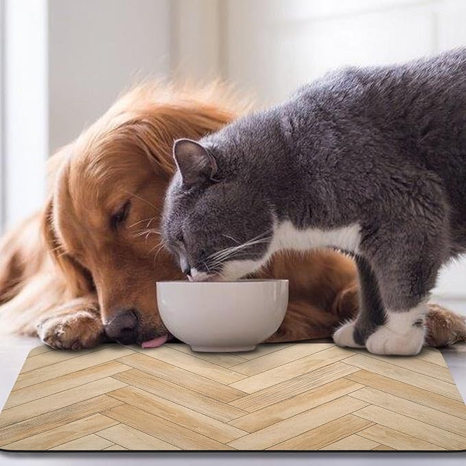 Dog Food Mats,Cat Absorbent Water Bowl Feeding Mats Pet Placemats for Food and Water Brown Wood Grain 12 * 20 inch
