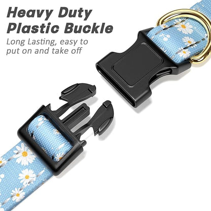 Reflective Dog Collar for Medium Dogs, Cute Daisy Theme Adjustable Heavy-Duty Nylon Puppy Collar for Boy and Girl Female, Soft Pet Accessories with Quick Release Buckle, Neck 14-20", Blue
