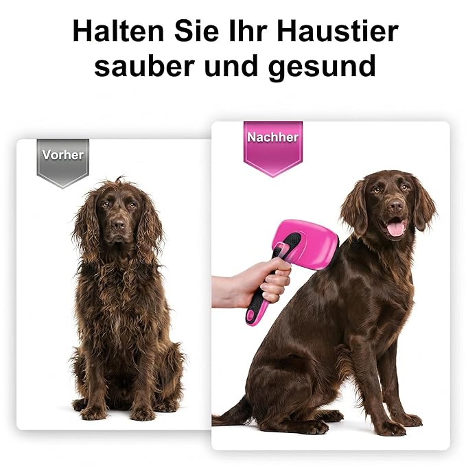 Self Cleaning Slicker Brush for Dog, Cat, Skin Friendly Shedding & Grooming Tool for Long and Short Haired Pets, Easy Clean Retractable Bristles, Pink