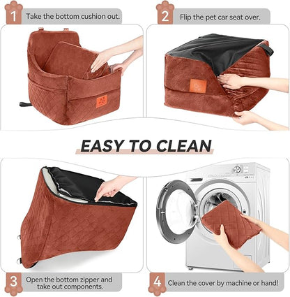 GL GLENSLAVE Dog Car Seat for Small/Medium Dogs, Dog Booster Car Seats with Thick Cushion for Dogs Under 35 lbs, Detachable Washable Pet Carseat with Storage Pockets, 2 Safety Belts(Brown)