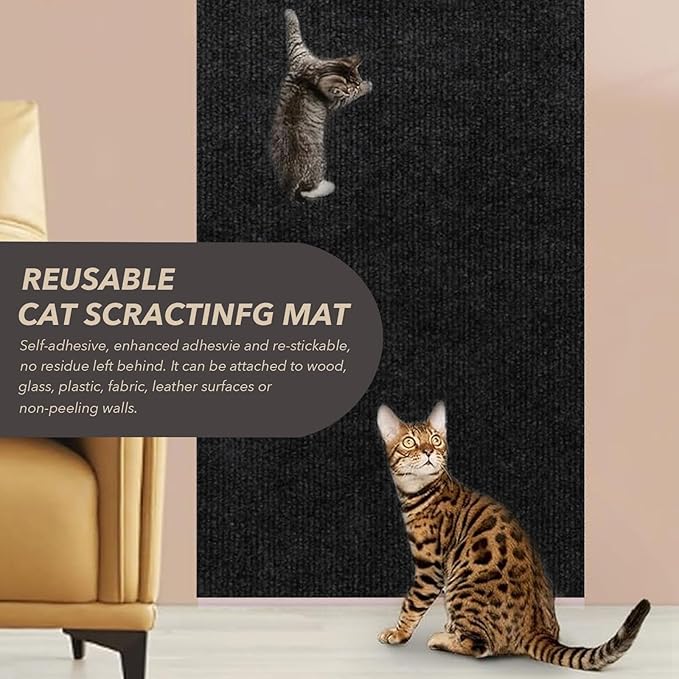 78.7"X15.8" Cat Scratching Mat, Self-Adhesive Cats Carpet, DIY Scratch Furniture Protector for Couch, Sofa, Wall & Doors, Durable Cat Scratch Guards Couch Cats Scratcher from Claw (Black)
