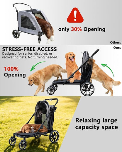 Dog Stroller for Large Dogs & Cats up to 130 lbs,Foldable Large Pet Stroller for 2 Dogs with 360° Wear-Resistant Rubber Wheels Mesh Windows,Extra Large Heavy Duty,All Terrain Wagon Cart with Air Mesh