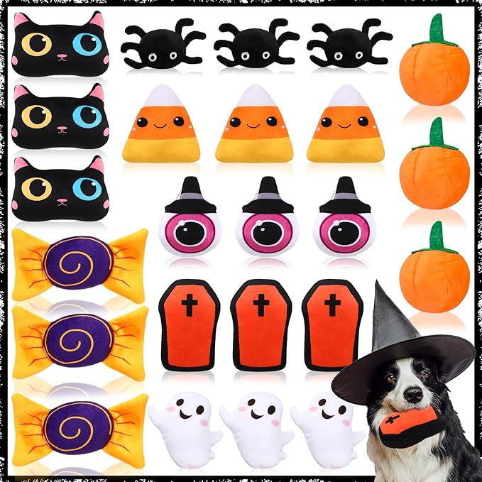 24 Pcs Halloween Dog Squeaky Bulk Halloween Bat Spider Stuffed Plush Cat Interactive Stuffed Dog Chew for Small Medium Pets Teething Cleaning and Training