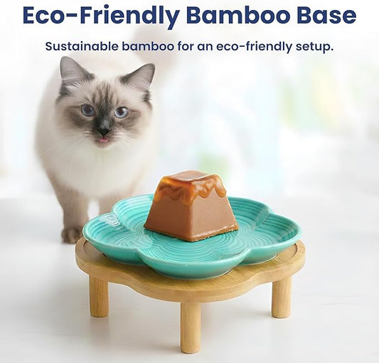 PawsPik Flower Ceramic Cat Feeding Plate with Raised Bamboo Stand, Elevated Whisker-Friendly Pet Bowl, Anti-Slip Stable Design, Dishwasher Safe (Blue)