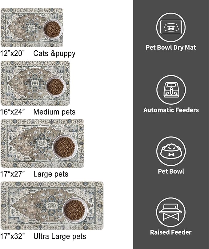 Dog Food Mats for Floors, Absorbent and Quick-Drying Pet Cat Food Mat,Anti-Fouling and Easy-to-Clean Pet Feeding Mat,Dog Bowl Mat for Messy Drinking Water Bowls.16 x24, Bohemia Style