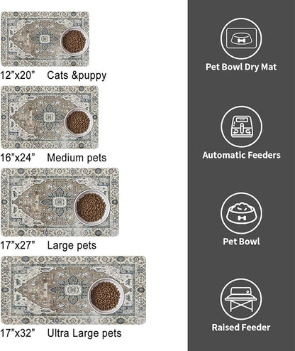 Dog Food Mats for Floors, Absorbent and Quick-Drying Pet Cat Food Mat,Anti-Fouling and Easy-to-Clean Pet Feeding Mat,Dog Bowl Mat for Messy Drinking Water Bowls.17 x27, Bohemia Style