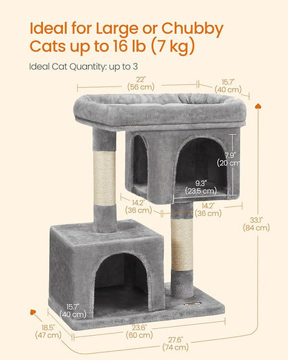 Feandrea Cat Tree, 33.1-Inch Cat Tower, Plush Condo for Large Cats up to 16 lb, Large Perch, 2 Caves, Scratching Post, Light Gray UPCT61W