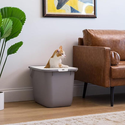 IRIS USA Large Cat Litter Box Top Entry with Lid, Enclosed Litter Box with Litter Catching Lid & Scoop, Covered Cat Litter Box Enclosure for Privacy, High Sided, Gray/White