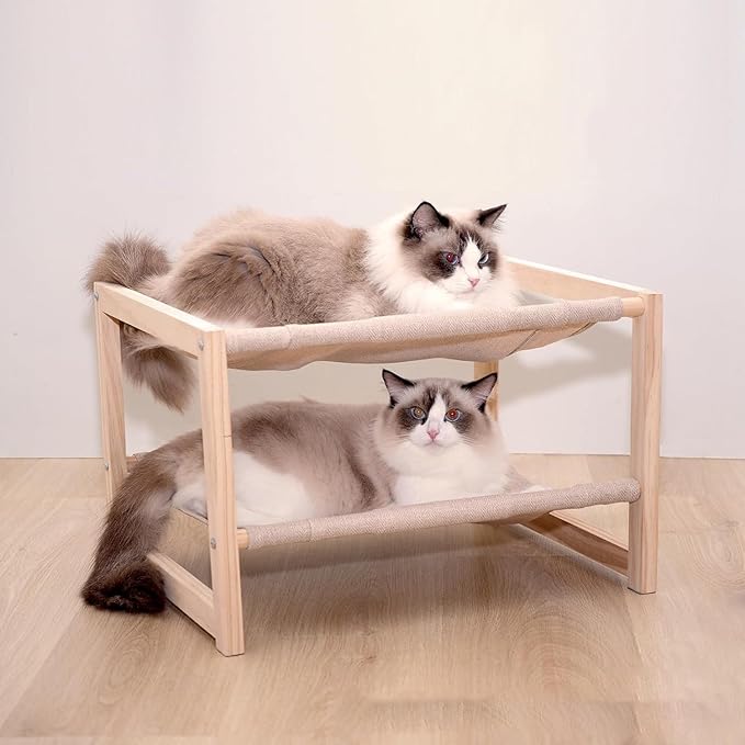 Cat Bed, Double-Layer Wooden Cat Hammock for Indoor/Outdoor, Elevated Small Dog Bed, Made of Natural Materials, Breathable, Comfortable, Sturdy & Durable
