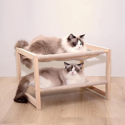Cat Bed, Double-Layer Wooden Cat Hammock for Indoor/Outdoor, Elevated Small Dog Bed, Made of Natural Materials, Breathable, Comfortable, Sturdy & Durable