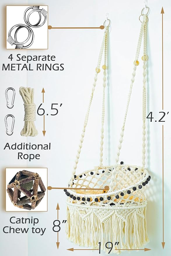 KARCEEY Macrame Cat Hammock - Hanging Cat Bed for Wall & Window - Boho Swing with Full Hardware Kit & Nip Toy - Stable Heavy Duty Design for Large & Senior Felines up to 60lbs