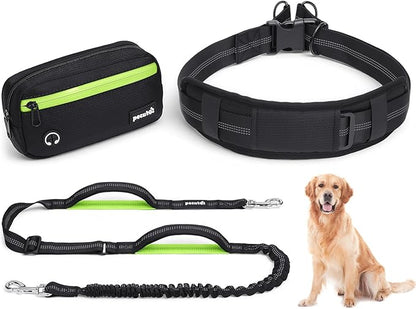 Dog Leash Hands Free, Waist Leash for Dog Walking with Pouch Removable| Shock Absorbing Bungee| Thickened Lumbar pad & Comfortable Dual Handles| Dog Running and Training,for 33-120lbs Dogs