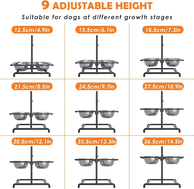 Elevated Dog Bowl Stand with 4 Stainless Steel Bowls (1700ml/58oz) – 9 Height Adjustable Raised Pet Feeder from 4.9" to 14.5" for Large Dogs & Multi-Pet Homes, with Bone Name Tag