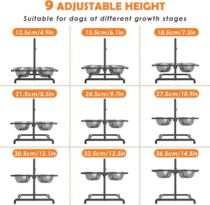 Elevated Dog Bowl Stand with 4 Stainless Steel Bowls (1700ml/58oz) – 9 Height Adjustable Raised Pet Feeder from 4.9" to 14.5" for Large Dogs & Multi-Pet Homes, with Bone Name Tag