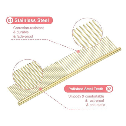 Dog Cat Comb, Pet Combs Stainless Steel Teeth with Rounded Ends for Knots Mats Loose Hair Removal, 7.5IN (Gold Plated, 3 Pack), Grooming Tool Intended for Long Curly Hair Pet