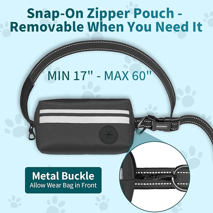 Hands Free Dog Leash with Removable Zipper Pouch, Dual Padded Handles and Durable Bungee for Walking, Jogging and Running Your Dog (Large,35-140 lbs -Black