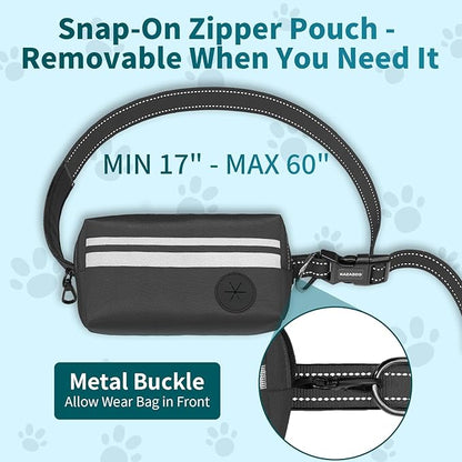 Hands Free Dog Leash with Removable Zipper Pouch, Dual Padded Handles and Durable Bungee for Walking, Jogging and Running Your Dog (Large,35-140 lbs -Black
