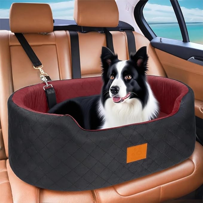 Dog Car Seat for Medium Dogs Up to 50 lbs, Pet Booster Seat for Cars SUVs and Trucks, Washable and Detachable Dog Car Bed with Safety Strap, Thick Cushion, Non-Slip Base (Black/Red)