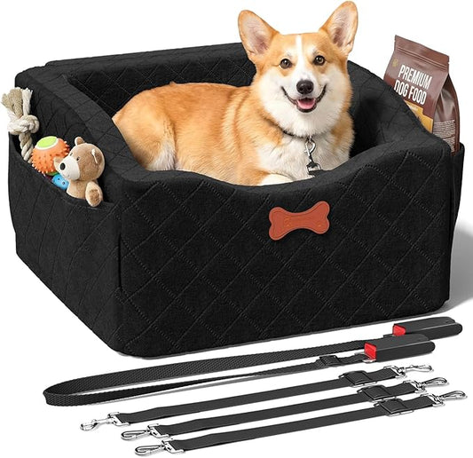 Dog Car Seat for Small Medium Dogs, 6" Elevated Dog Booster Seat with ISOFIX Safety Fixation, Washable Cover & High Density Memory Foam, Portable for Car Front/Rear/Trunk Home Outdoor Use (Jet Black)