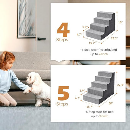 Heeyoo Dog Stairs for Small Dogs, 4-Step Dog Steps for High Bed and Couch, High-Density Foam Pet Steps with Supporting Board, Non-Slip Removable Washable Cover, Grey, 18" High