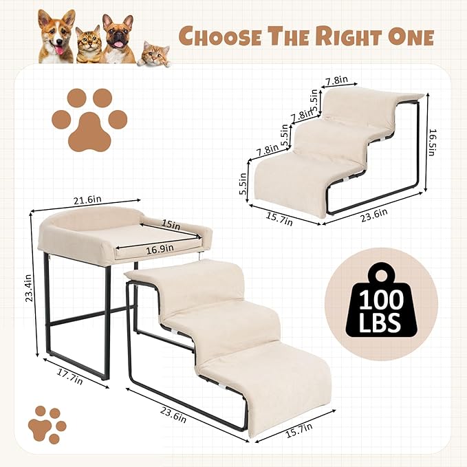Stairs for Dogs to get on Bed 3-Step Pet Ramp for High Beds Sponge Dog Ramp Non-Slip Washable Cover The Sturdy Iron Frame with Anti-Slip Points Ideal for Small Dogs Cats Senior Pets with Joint Issues