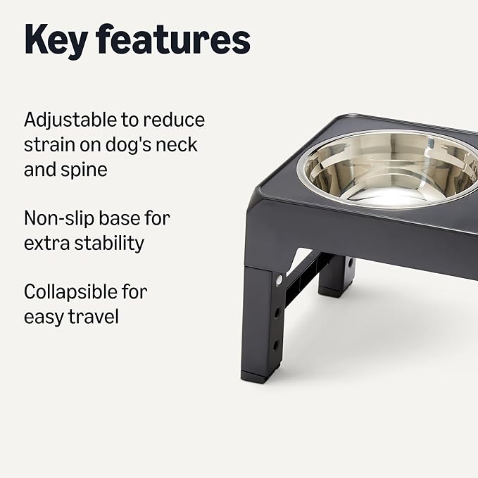 Amazon Basics Elevated Dog Bowls Stand, Height Adjustable Raised Pet Feeder Dish Station with Non-Slip Base, Stainless Steel Bowls, 17.3 x 9.4 x 12 in, Black
