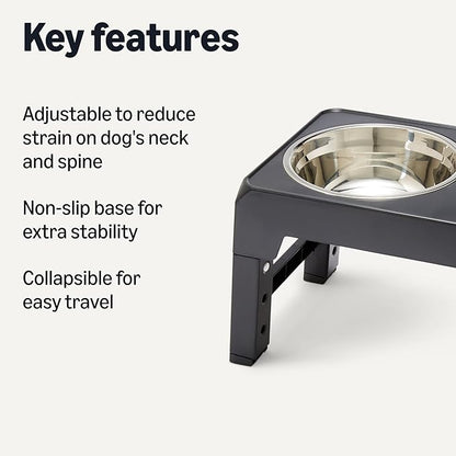 Amazon Basics Elevated Dog Bowls Stand, Height Adjustable Raised Pet Feeder Dish Station with Non-Slip Base, Stainless Steel Bowls, 17.3 x 9.4 x 12 in, Black