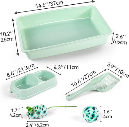 PAWISE Cat Litter Box Set, Small Kitten Starter Kit, Includes Litter Box, Litter Scoop, Double Dish Feeding Bowl, Cat Mouse Toy, Kitty Ball Toy, Green