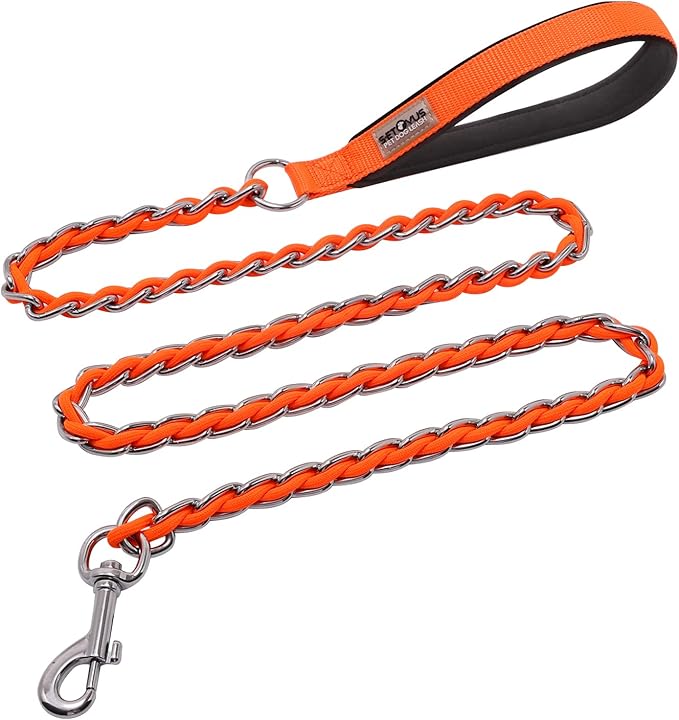 Chain Dog Leash Chew Proof Metal Leash for Medium Large Dogs, Chain Link Dog Anti Chew 5.2FT / 4FT Strong Anti Bite Comfortable Soft Padded Handle (Orange, 4FT(30-80lb)