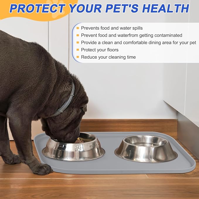 Silicone Pet Feeding Mat with Raised Edge for Food and Water, Dog Bowl Mats, Cat Bowls Placemat with High Lip for Floor Waterproof, Rubber Tray for Cats and Dogs 19 x 12 x0.7 Light Gray