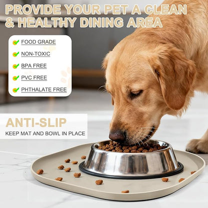 Small Silicone Pet Food Mat with Raised Edge for Food and Water Bowl, Square Dog Feeding Mats, Cat Food Trays for Floor Waterproof, Rubber Tray for Dogs and Cats, 12 x 12 x 0.7 Beige