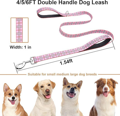 5ft Dog Leash with Two Padded Handles, Heavy Duty Strong Nylon Pet Leash with Soft Neoprene Handle for Small Medium Large Dogs, Pink Plaid