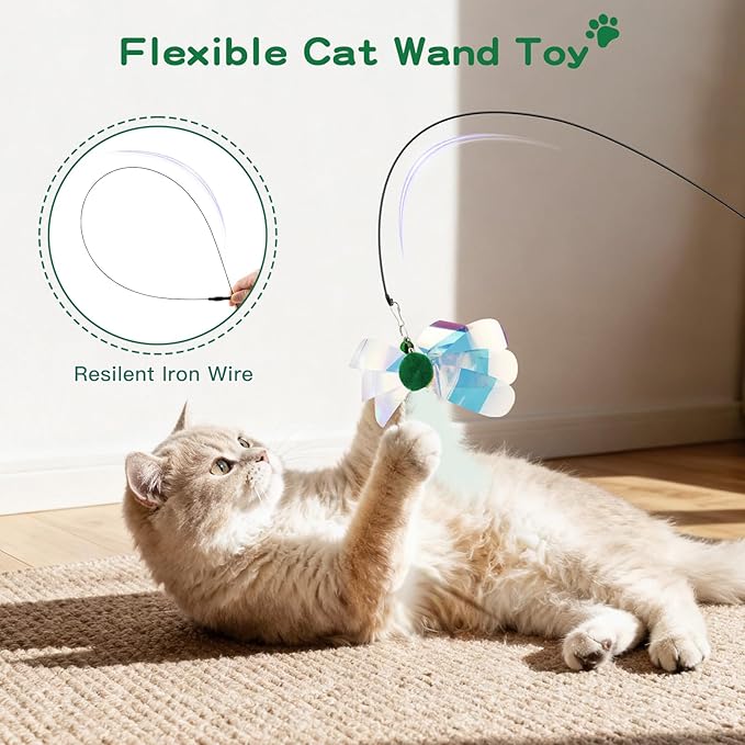 Pawaboo Feather Teaser Cat Toy, Interactive Feather Wand Cats Toy Flying Feathers Cat Catcher with Extra Long 34.5" Wand and Small Bell, Exerciser Playing Toys for Kitten or Cats, Green Butterfly