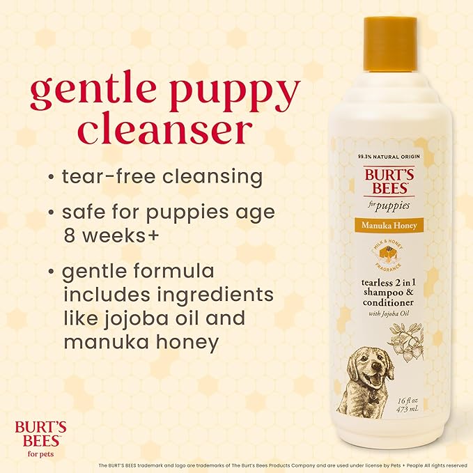 Burt’s Bees for Pets Manuka Honey Tearless 2 in 1 Shampoo and Conditioner for Puppies with Jojoba Oil, 16 Fl Oz