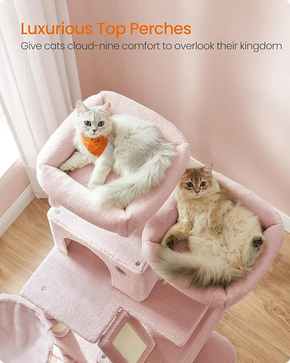 Feandrea Cat Tree, 66.1-Inch Large Cat Tower, Multi-Level Plush Condo with 13 Scratching Posts, 2 Perches, 2 Caves, Basket, Hammock, Pompoms, Jelly Pink UPCT165P01