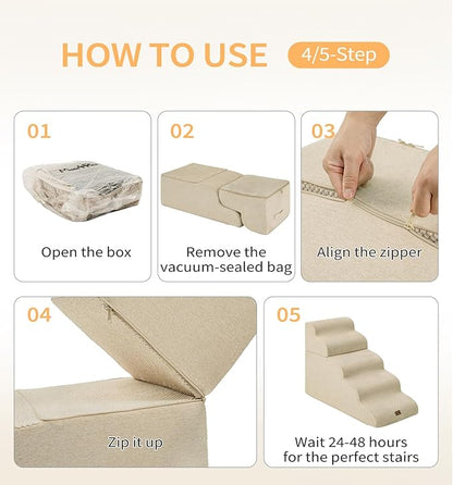 Made4Pets Dog Stairs Ramp for High Bed 22.8" H, 5-Step Pet Stairs for Bed Couch Sofa Climbing, 35D Foam Pet Steps for Small Dogs and Cats, Non-Slip Bottom Dog Steps, Beige