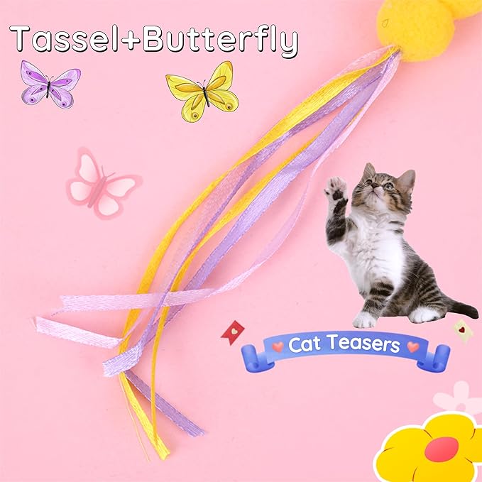 Cat Toy Refill, 4 Pack Butterfly Toy with Tassel and Bell for Cat Wand Toy Accessories Cat Toy Attachment Replacements, 5.51” Realistic Size Butterfly Toy for Bored Indoor Adult Cat Play