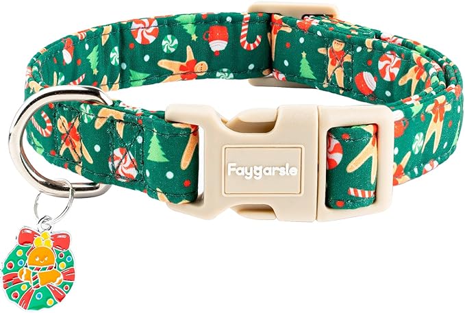 Faygarsle Christmas Dog Collar, Green Gingerbread Pattern, Plastic Buckle with Metal D-Ring, Holiday Pet Accessory, for Small Medium Large Dogs L