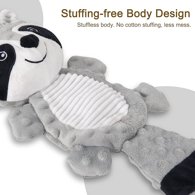 No Stuffing Squeaky Dog Toys Plush Chew Toy for Small Medium Puppy Large Breed, Stuffless Cute Animal Plush Toy for Indoor Play, Tough Durable Teething Interactive Gift, Raccoon,Gray
