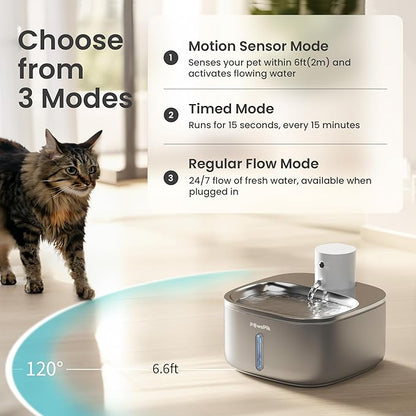 Pawspik Stainless Steel Cat Water Fountain,108 oz/3.2 L Cat Water Dispenser, Battery Operated Dog Fountain,Water Bowl, Automatic Pet Fountain with Motion Sensor, 5000 mAh Battery