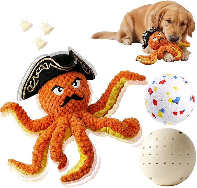 Self Moving Interactive Octopus Dog Toy Set with 2 Balls - Automatic Bouncing Wobble Ball & Durable Chew Ball, 4-in-1 Squeaky Plush Enrichment Toy to Keep Them Busy for Medium Large Dogs