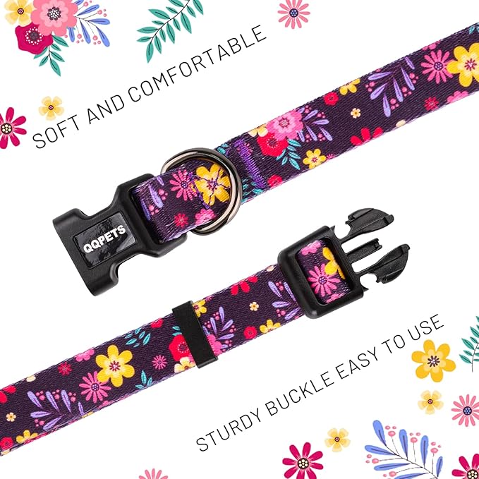 QQPETS Adjustable Soft Dog Collar: Print Flower Pink Multicolor Cute Patterns for XS Small Medium Large Pet Girl Boy Puppy Walking Running Training (L, Elegant Purple)